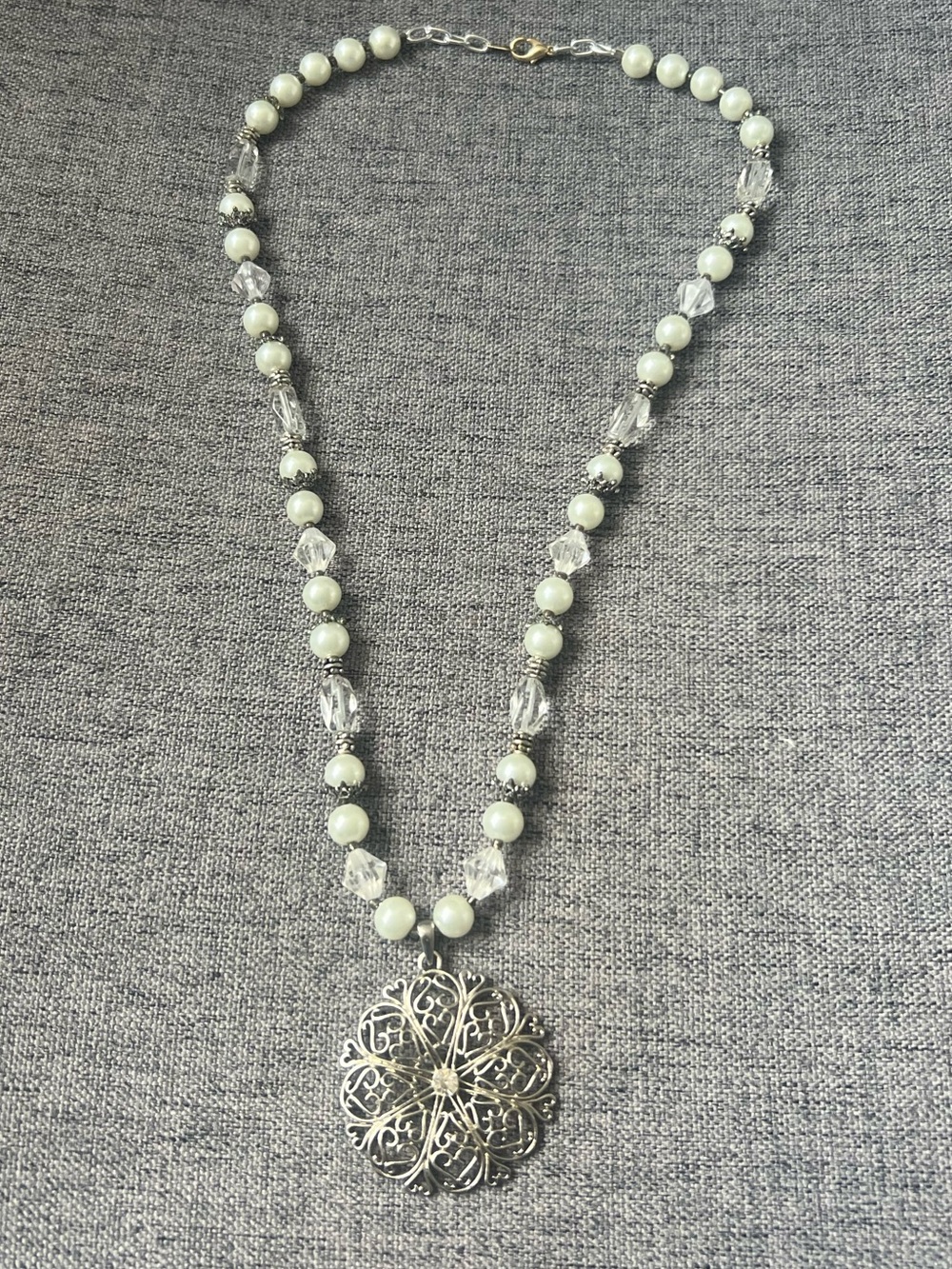 Handmade Pearl Beaded Silver Filigree Pendant Necklace - White